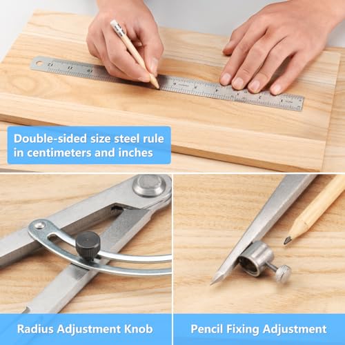 WORKLION Woodworking Compass Geometry Set - Large Locking Pencil Compass for Drawing Circles, Professional 8 Inch Woodworking Compass with 2 Pencils and a 12inch Ruler, Perfect for Precision Geometry. - size: 8 Inch