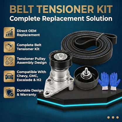 Serpentine Belt Tensioner & Idler Pulley Kit for Cadillac 2003-2006, Chevy Silverado Avalanche Express 2002-2008, GMC Sierra Savana Yukon 2002-2008, OE 39083 12609719 12555609 12626222, 90K-38158C - size: 90K-38158C