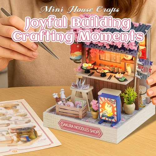 Kisoy Dollhouse Miniature with Furniture Kit, DIY 3D Wooden DIY House Kit with Dust Cover, Handmade Tiny House Toys for Teens Adults Gift (Sakura Noodles Shop) - color: Sakura Noodles Shop