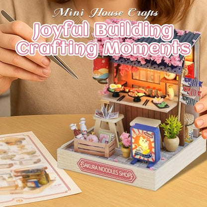 Kisoy Dollhouse Miniature with Furniture Kit, DIY 3D Wooden DIY House Kit with Dust Cover, Handmade Tiny House Toys for Teens Adults Gift (Sakura Noodles Shop) - color: Sakura Noodles Shop