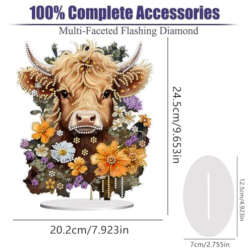 Diamond Painting Kits for Adults Beginners, 5D Full Drill Highland Cattle Crystal Art Desktop Ornament, DIY Single Sided Home Office Desk Decor, Creative Craft Gift Set with Tools - color: Cattle