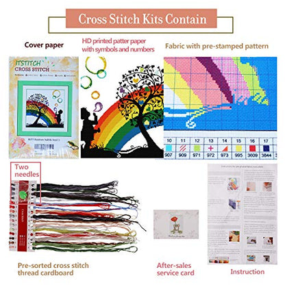 ITSTITCH Printed Cross Stitch Kits 11CT 20X20 inch 100% Cotton Holiday Gift DIY Embroidery Starter Kits Easy Patterns Embroidery for Girls Crafts DMC Stamped Supplies Needlework Rainbow Bubble Boy - color: Stamped 20.1x20.1 inch