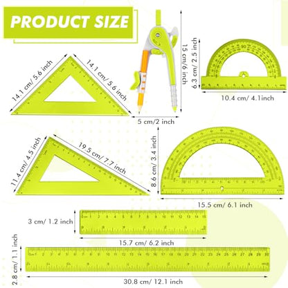 Zonon 7 Pcs Geometry Math Set with Compass Protractor Rulers, Yellow - color: Yellow