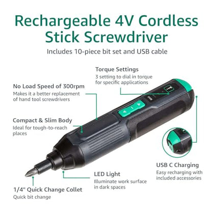 Amazon Basics by SKIL 4V Cordless Stick Screwdriver with 10-Piece Bit Set, USB Cable, LED Light, 3 Torque Settings - style: 10-Piece Bit Set