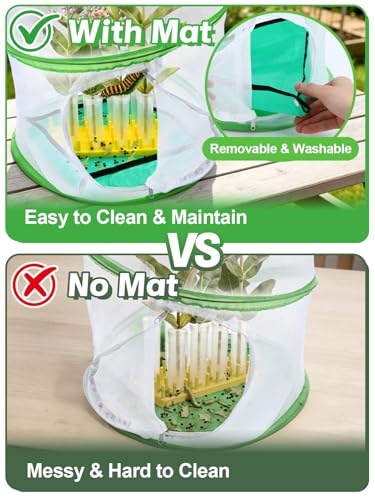 Complete Butterfly Habitat Kit - 14" W x 20" H Large Collapsible Mesh Growing Cage & Hydroponic Feeding Tubes/Rack Holder & Messproof Mat & Guide, Easy to Set Up, Monarch Caterpillars Enclosure House