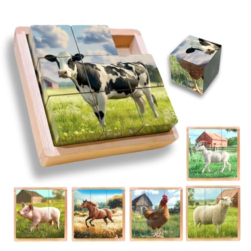 6-in-1 Wooden Animal Puzzle – Montessori Cube Toy for Kids – Realistic Farm Animals Educational Wood Blocks for Children Ages 3 and Up - style: Farm Animals