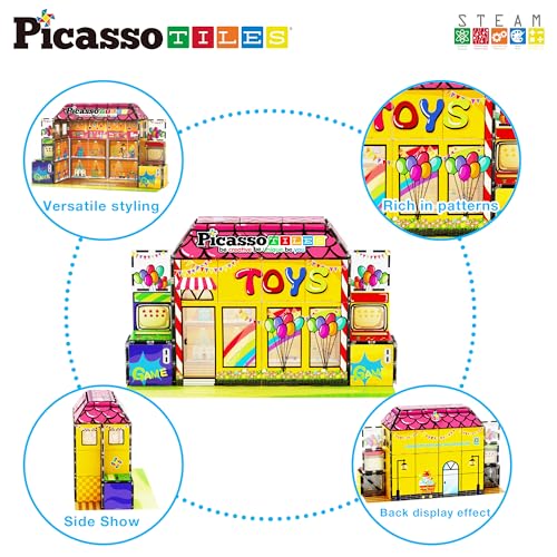PicassoTiles 60pc Magnetic Building Block Magnet Tile Toy Shop Theme Pretend Play Construction Kit Reconfigurable Printed Structure Double-Sided Printing Education STEM Learning Playset Ages 3+ PTQ50 - color: Toy Shop