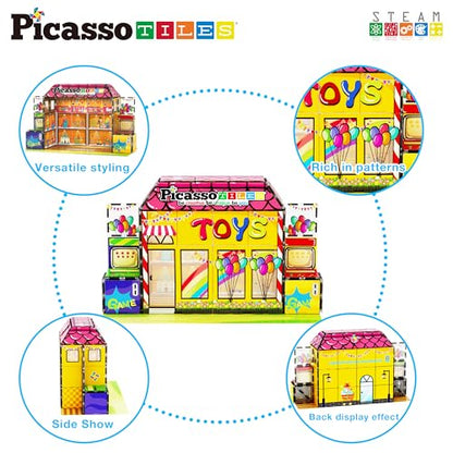 PicassoTiles 60pc Magnetic Building Block Magnet Tile Toy Shop Theme Pretend Play Construction Kit Reconfigurable Printed Structure Double-Sided Printing Education STEM Learning Playset Ages 3+ PTQ50 - color: Toy Shop