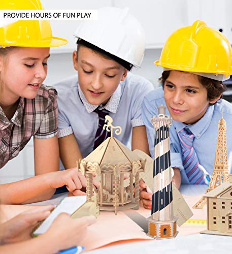 Puzzled 3D Puzzle Lighthouse Set Wood Craft Construction Model Kit, Fun & Educational DIY Wooden Toy Assemble Model Unfinished Crafting Hobby Puzzle to Build and Paint for Decoration 58 Pieces Pack