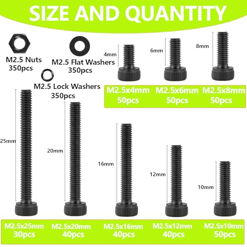 1400Pcs M2.5 Screws,M2.5x4/6/8/10/12/16/20/25mm Screw kit,Hex Socket Head Cap Bolts,12.9 Grade Black Zinc Plated for 3D Printer - size: M2.5x4/6/8/10/12/16/20/25mm