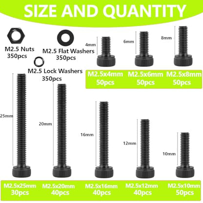 1400Pcs M2.5 Screws,M2.5x4/6/8/10/12/16/20/25mm Screw kit,Hex Socket Head Cap Bolts,12.9 Grade Black Zinc Plated for 3D Printer - size: M2.5x4/6/8/10/12/16/20/25mm