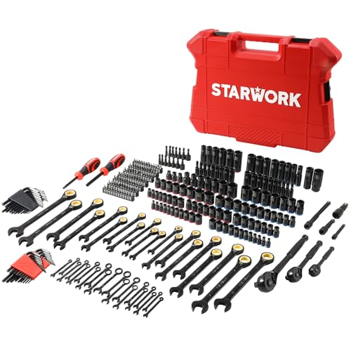 STARWORK TRUE MECHANIC 303-Piece Mechanics Tool Set, 120-Tooth Ratcheting Wrench Set, 1/4", 3/8", 1/2" Drive, Professional, SAE/Metric - color: Red