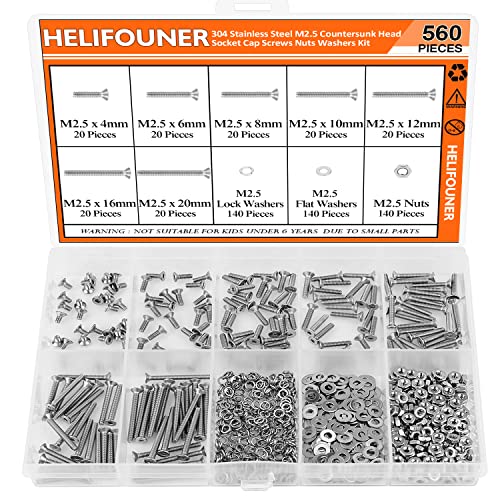 HELIFOUNER 560 Pieces M2.5 x 4mm /6mm /8mm /10mm /12mm /16mm /20mm, Countersunk Head Socket Cap Screws Bolts Washers Nuts Kit, 304 Stainless Steel - size: M2.5, style: Countersunk Head Socket Cap