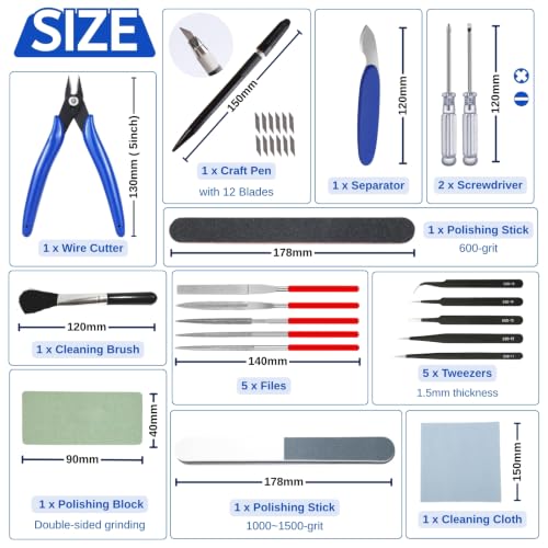 Gundam Model Tools Kit, 34pcs Hobby Tool Set, Pliers, Separator, Files, Screwdriver, Tweezers, Polishing Strip, Graver, Blades for Buildings, Gundam, Robots Models Minature