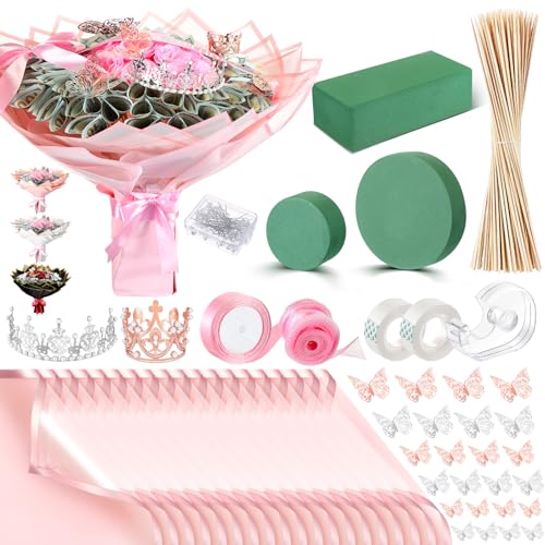 XunYee Bouquet Kit 20 Sheet Flower Wrapping Paper 100 Pcs Bamboo Skewers Floral Foam Blocks for Anniversary Birthday Gift Graduation Mother's Day(Transparent Pink) - color: Transparent Pink