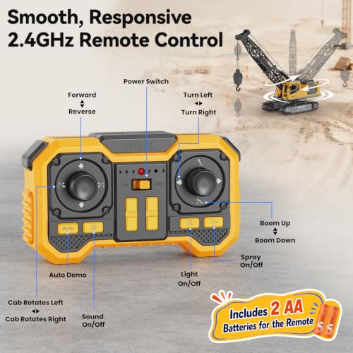 Remote Control Crane Toy for Boys, 2.4GHz RC Crawler Crane with Metal Hook & 2x1200mAh Batteries, 1:18 12-Ch RC Construction Vehicle with Lights, Sound,Spray, Birthday Gift for Kids Ages 8-12 - size: 7.3*4.5*7.5IN