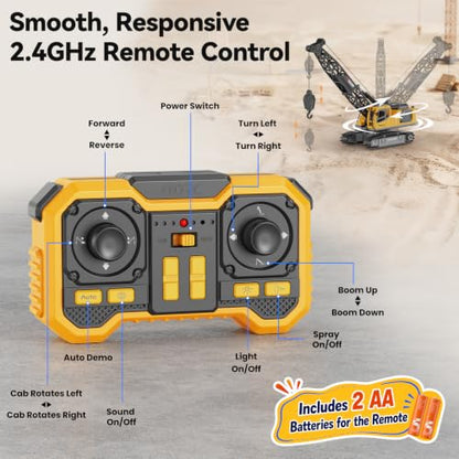 Remote Control Crane Toy for Boys, 2.4GHz RC Crawler Crane with Metal Hook & 2x1200mAh Batteries, 1:18 12-Ch RC Construction Vehicle with Lights, Sound,Spray, Birthday Gift for Kids Ages 8-12 - size: 7.3*4.5*7.5IN