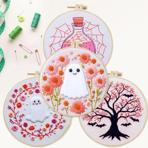 SCECALA 4 Pack Pink Halloween Embroidery Kit for Beginners - color: Pink White