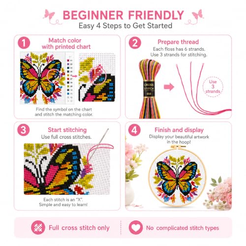Zhenqing 4 Pack Butterfly Stamped Cross Stitch Kit for Beginners - color: 4 Pack Butterfly