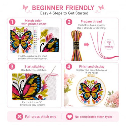 Zhenqing 4 Pack Butterfly Stamped Cross Stitch Kit for Beginners - color: 4 Pack Butterfly