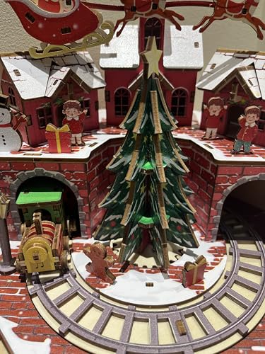 3D Wooden Puzzle Music Box Train, red Brick Base with Christmas Tree 3D Wooden Puzzles for Adults, Christmas sled, Reindeer, Vacation Home Decoration, Music Rotating Display - style: Traditional