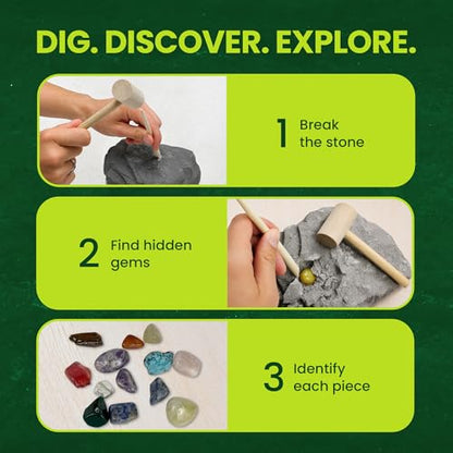 Nature Gear Gemstone Dig Kit for Kids, Educational Crystal Excavation Kit with 15 Mystery Gems, Interactive Adventure Fossil Mining Toy for Kids Age 3-5 and Up - style: Gemstone Dig Kit
