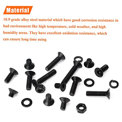 HELIFOUNER 146 Pieces M6 x 8mm /10mm /12mm /16mm /20mm /25mm /30mm, Countersunk Head Socket Cap Screws Bolts Washers Nuts Kit, 10.9 Grade Alloy Steel, Full Threaded, Black - size: M6, style: Countersunk Head