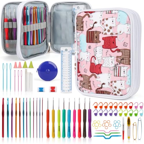 Katech Crochet Hooks Set with Case, Ergonomic for Comfortable Crocheting - color: Cats Pattern