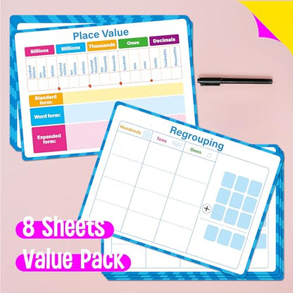 8 Packs Place Value Whiteboards, Double Sided Dry Erase Card Writable and Erasable Math Learning White Board for Kids, Students, Classroom and Home (Each Measures 12” x 9”) - color: Place Value Whiteboards-a