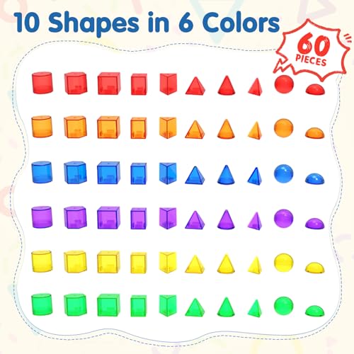 60 PCS 3D Shapes for Kids,Translucent Geometric , Light Table Accessories