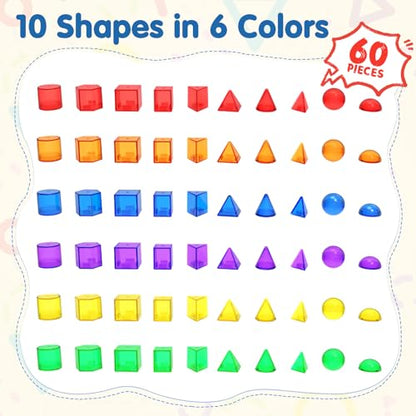 60 PCS 3D Shapes for Kids,Translucent Geometric , Light Table Accessories