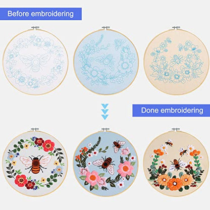 Santune 3 Pack Bee Embroidery Kit for Beginners Adult Cross Stitch Kits Hand Embroidery with Animal Patterns and Instructions,DIY Sets for Women with Hoop,Threads and Needles - color: Bee Series