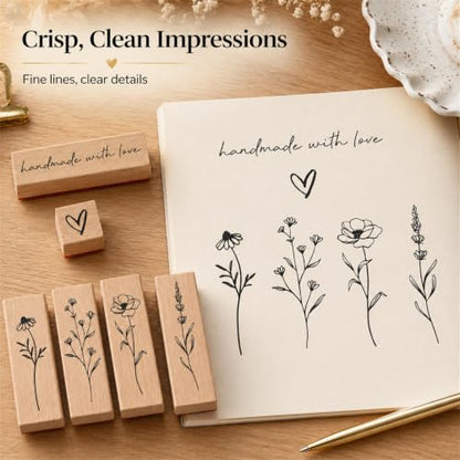 6pcs Wooden Rubber Floral Stamps Set, Crafting, Scrapbooking - color: 6pcs Floral