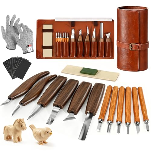 17Pcs DIY Wood Carving Tools, 6 Whittling Knives, 5 Detail Carving Knives - color: Brown02