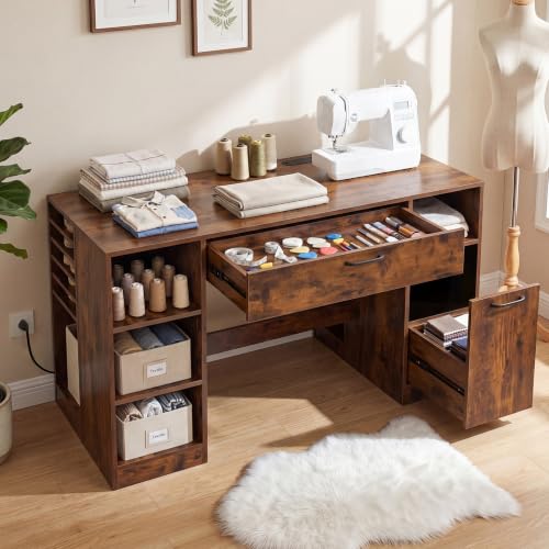 COSTWAY Sewing Machine Table with Power Outlets, Massive Storage (Brown) - color: Brown