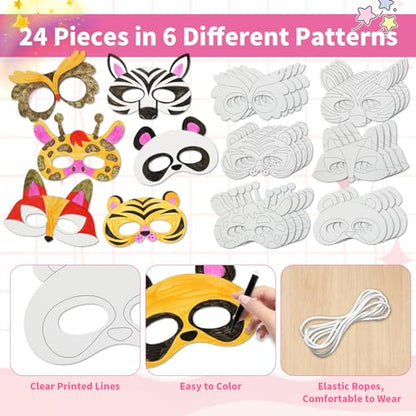 24 PCS Color Your Own Paper Masks, DIY Masks Craft Art Kits for Kids, Birthday Party Favors, School Coloring Activities - style: Animals