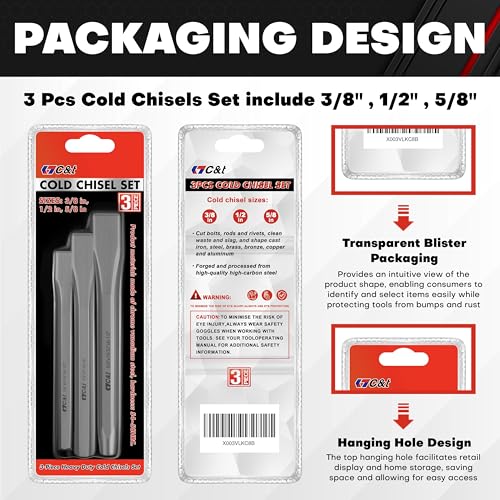 C&T 3-Piece Heavy Duty All Purpose Cold Chisels Kit, 3/8, 1/2, 5/8 in, for Carpentry, Metalwork, Woodwork & Masonry work - size: 3-Piece