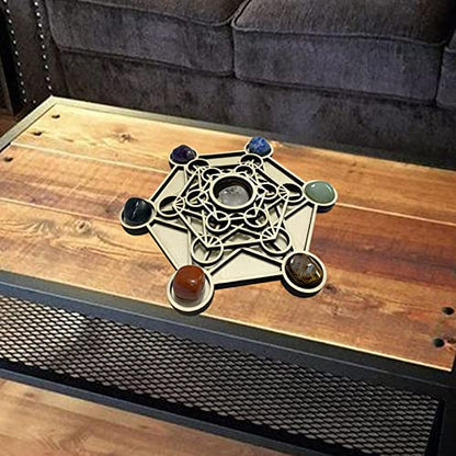 Metatron Crystal Grid Wooden Art 3D Metatron's Healing Energy with 7 Pieces Rough Seven Chakras Crystal Stone Set Sacred Geometry Energy Crystal Grid Kit for Meditation Chakra Balancing 9.4''x1.5''