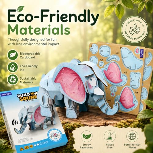 MierEdu Build 'N' Sound 3D Puzzle for Kids, Animal Puzzle with Sound Module, Educational STEM Craft Kit, FSC Paper Model Building Toy Gift for Ages 6+ - color: African Elephant