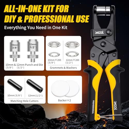 XOOL 2-in-1 Grommet Tool Kit, Tool-Free Quick-Change 3/8" (10mm) & 1/2" (12mm) Heads, Heavy Duty Kit with Magnetic Positioning, 400 Sets Grommets & Washers for Tarps, Canvas, Fabric and Leather - size: 1/2" & 3/8" Grommet Tool Kit