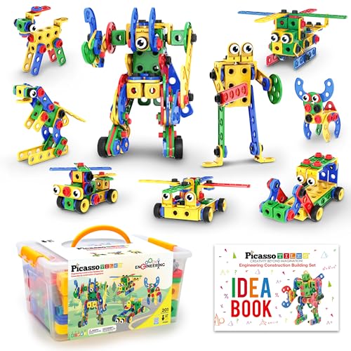 PicassoTiles 201pc STEM Learning Block Construction Kit with Power Drill and Clickable Ratchet Educational Engineering Toy Set Kids Age 3 Plus Preschool Activity Creative Play with Idea Book PTN201 - color: 201pcs Transformation