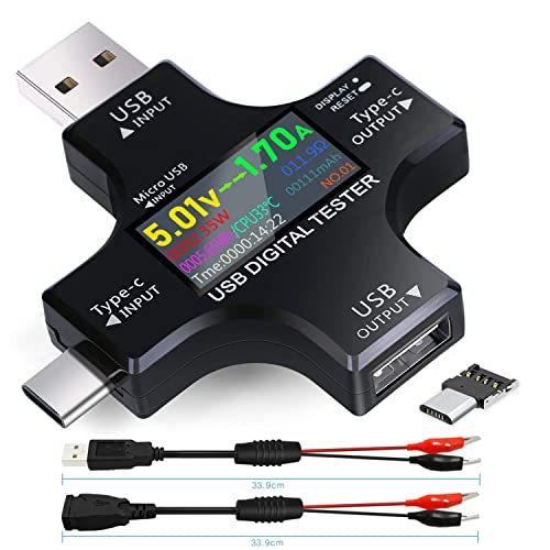 USB C Tester,KJ-KayJI 2 in 1 Tester Color Screen IPS Digital Multimeter(2024),Voltage,Cur,Pwr,Resistance,Elec,Temp,Capacity,Tme,Fast Charging,with USB Clip Cable Support PD2.0/PD3.0,QC2.0/QC3.0,BC1.2