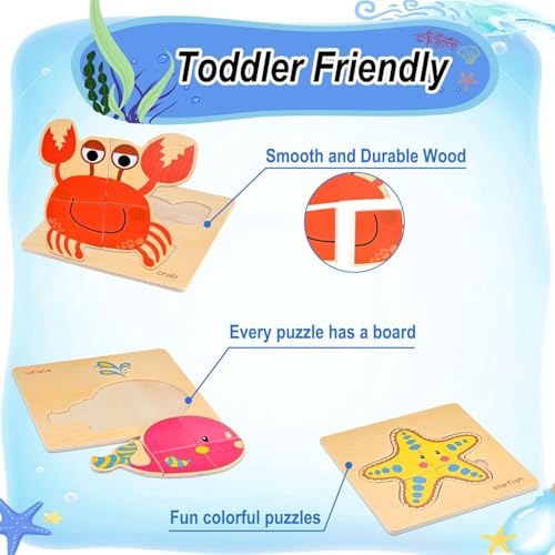 8pcs Wooden Puzzles for Toddlers 1-3, Toddler Puzzles Ages 2-4 - style: Marine Animals