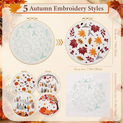 Kuabiz 5 Sets Fall Embroidery Kits for Beginners Autumn Maple Leaves Cross Stitch Kit for Adults Thanksgiving Pumpkins Embroidery Starter Kit Hoop Needlepoint Kits with Instruction Needles Threads - style: Fall Leaves