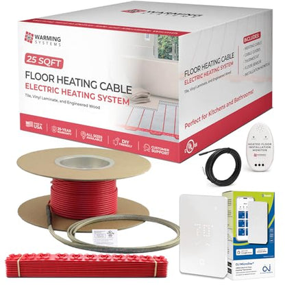 25 Sqft Electric Radiant Floor Heating Cable Kit – 120V Heated Tile Floor System with UWG5 Programmable Thermostat, Sensor, Installation Monitor & 25 Year Warranty, Made in the USA - size: 25 Sq Ft
