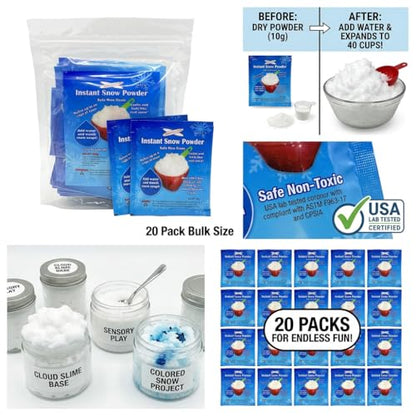 20-Pack Instant Snow Powder for Kids - Makes 40 Cups of Fluffy Fake Snow - Just Add Water! Perfect for Cloud Slime, Sensory Play, and Holiday Decorations - USA Lab-Tested & Non-Toxic