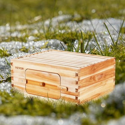 VEVOR 10 Frame Deep Brood Bee Hive Box, Bee Box Dipped in 100% Beeswax, Langstroth Beehive Kit with 10 Frames and Foundations Sheets and Transparent Acrylic Windows for Beekeeping Supplement - size: Deep Brood Box