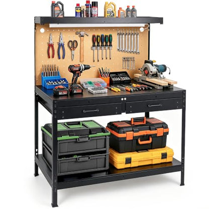 Pterying Garage Workbench with LED Light Bar, Pegboard, 2 Drawers