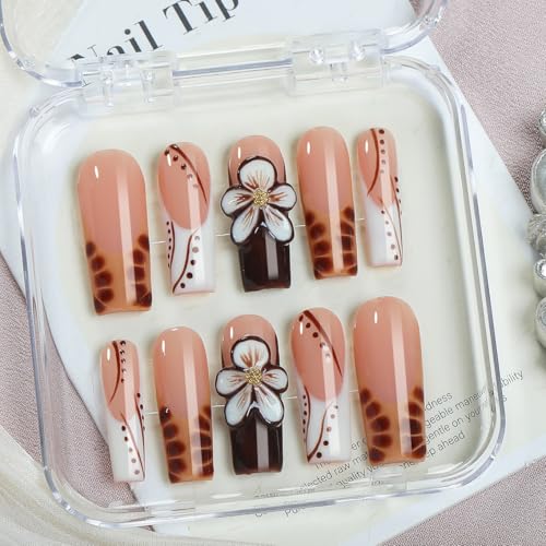 Handmade Acrylic Press On Nails, Square Brown French Tips, 3D Floral - color: Mocha Garden, size: M