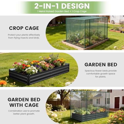 DoCred Crop Cage with Raised Garden Bed, 84.6" x 45.3" x 59" Plant Protection Tent Garden Cages with Window, 2 in 1 Galvanized Raised Garden Bed Kit and Mesh Cover for Garden, Yard, Lawn - color: Black, size: 84.6" x 45.3" x 59"